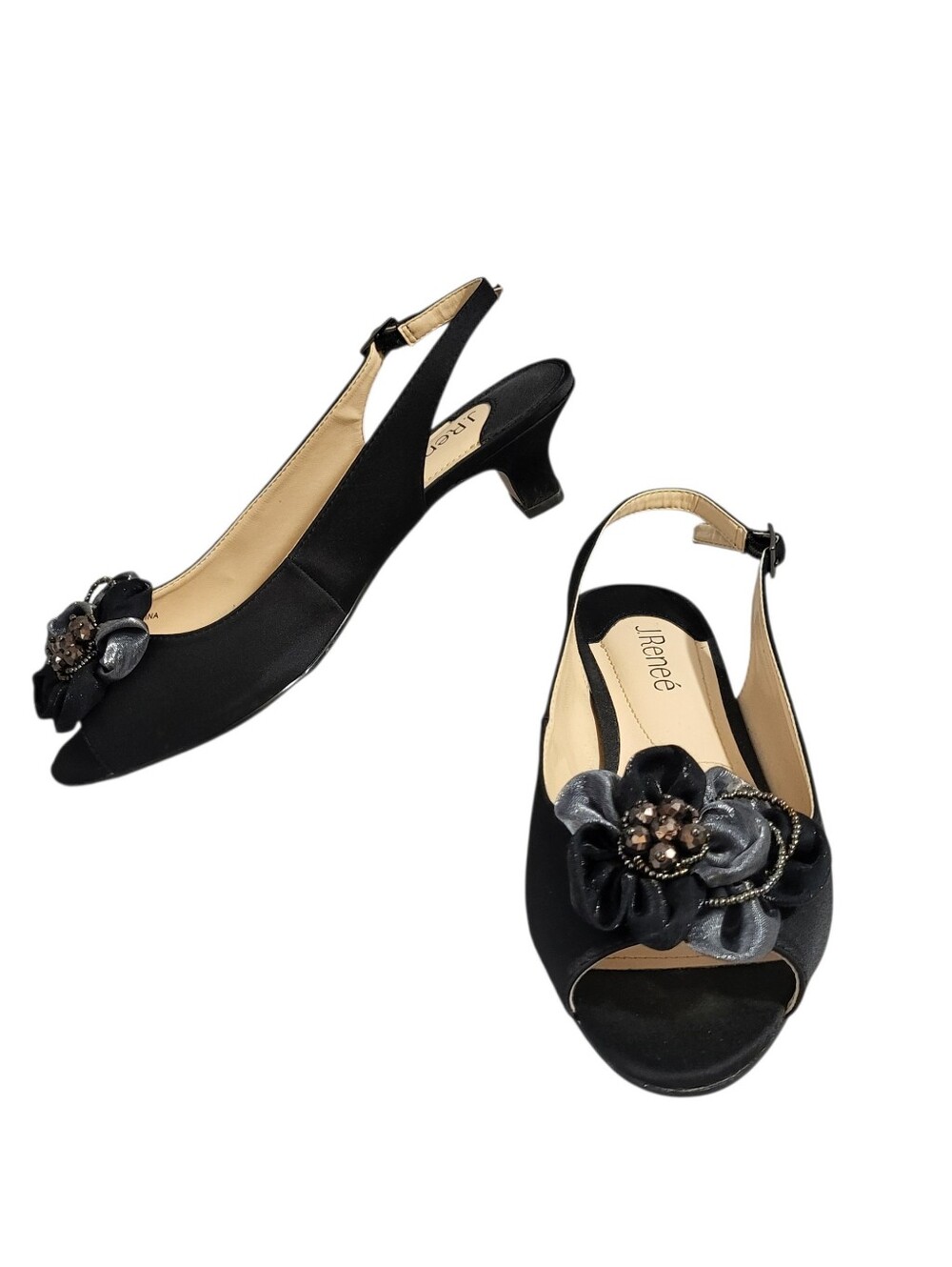 J. Renee Leonelle Slingback Sandals Shoes 9.5 W Black Satin Peep Toe Kitten Heel